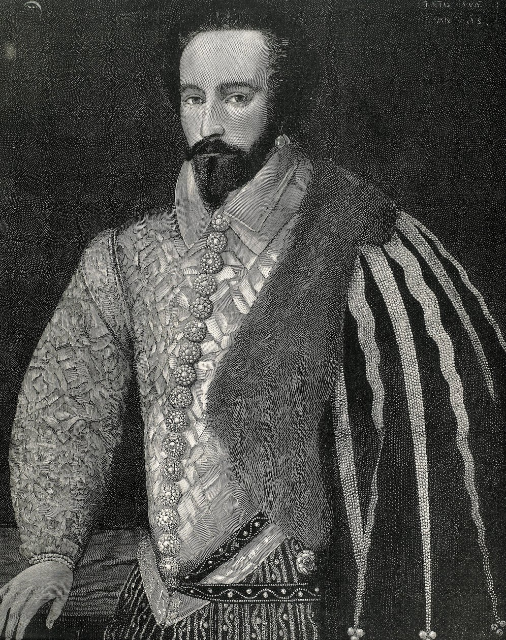 Raleigh, Sir Walter (1554-1618). Marinheiro, explorador e corretor inglês. Retrato de Sir Walter Raleigh. Gravado em 1891, executado a partir de um original anónimo que se encontra na National Portrait Gallery de Londres. Gravura. de Unknown artist