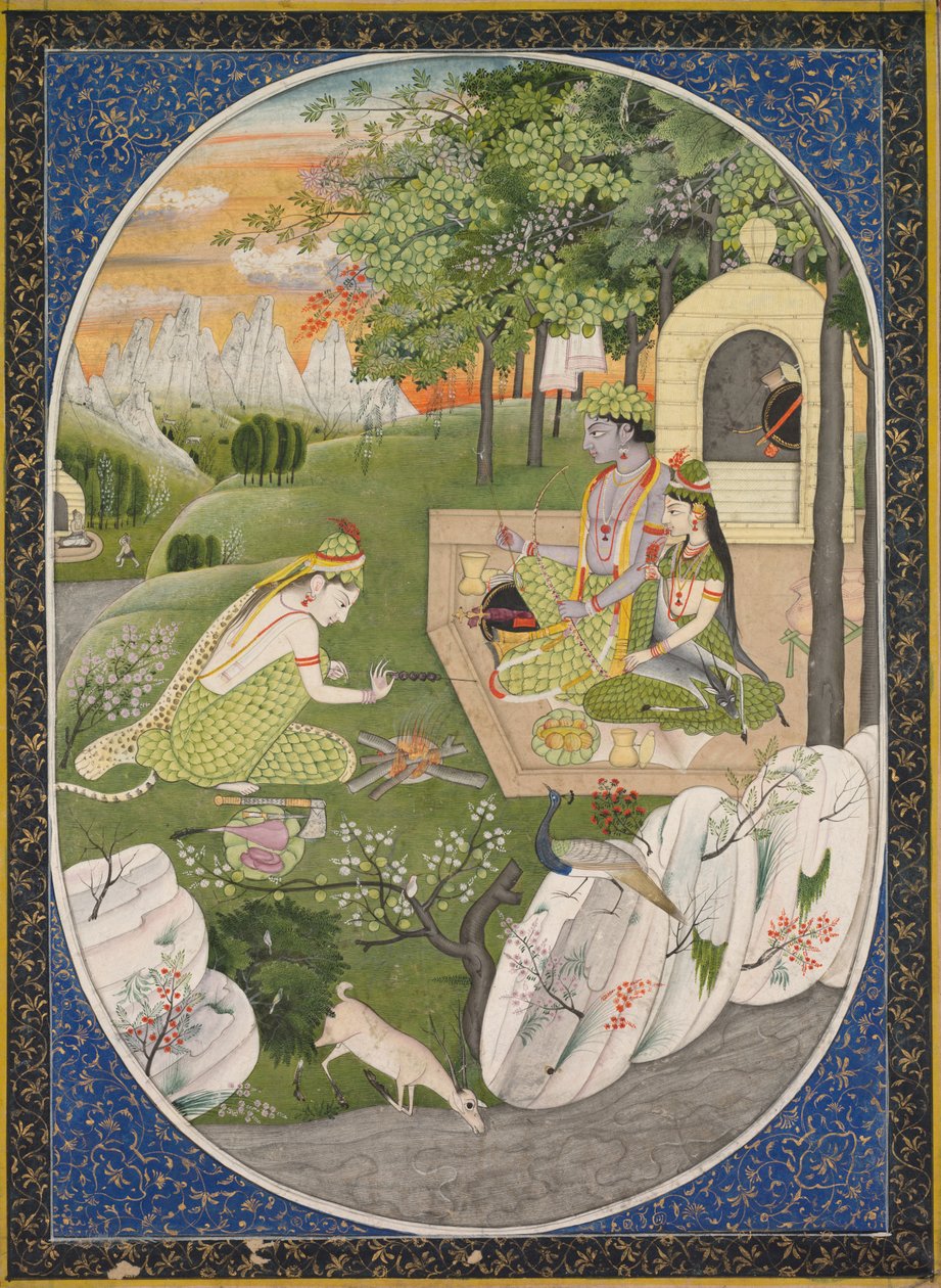 Rama, Sita e Lakshmana na Floresta, página do Ramayana (Contos de Deus Rama) de Unknown artist