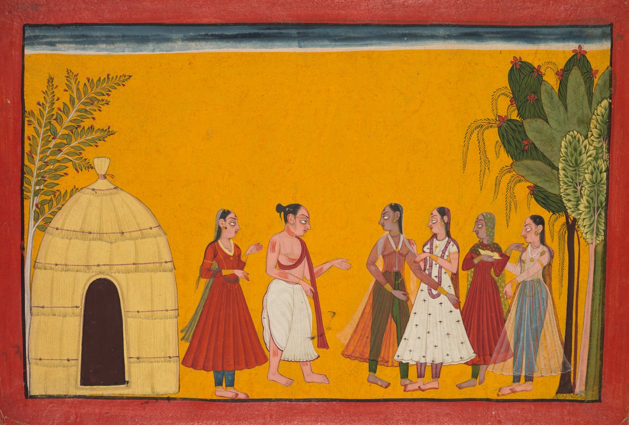 Rama e Sita sendo levados ao sacerdote para marcar a data do casamento; página do Ramayana (Contos de Deus Rama) de Unknown artist