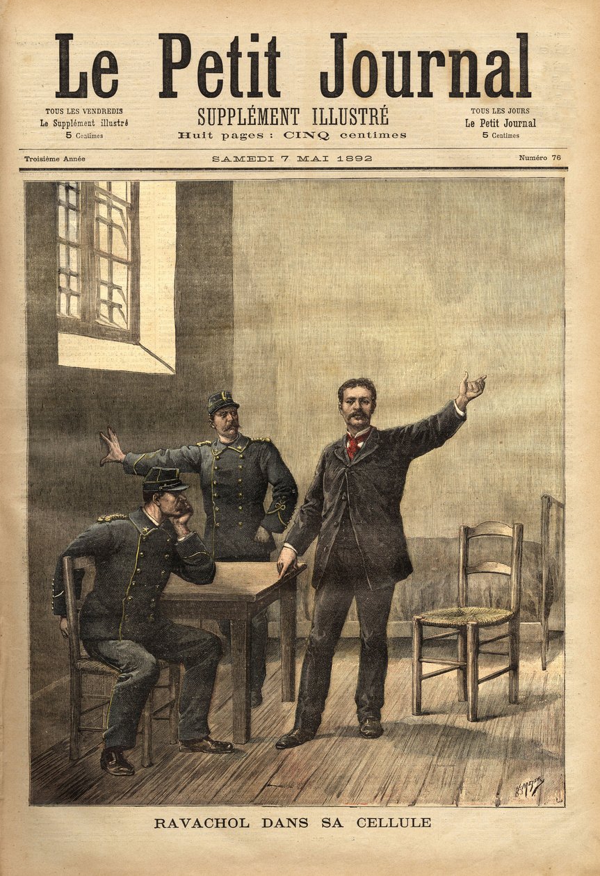 Ravachol (1859-1892, ou François Claudius Koenigsberg) na sua cela, após a sua audição no asssis em 26 de Abril de Unknown artist