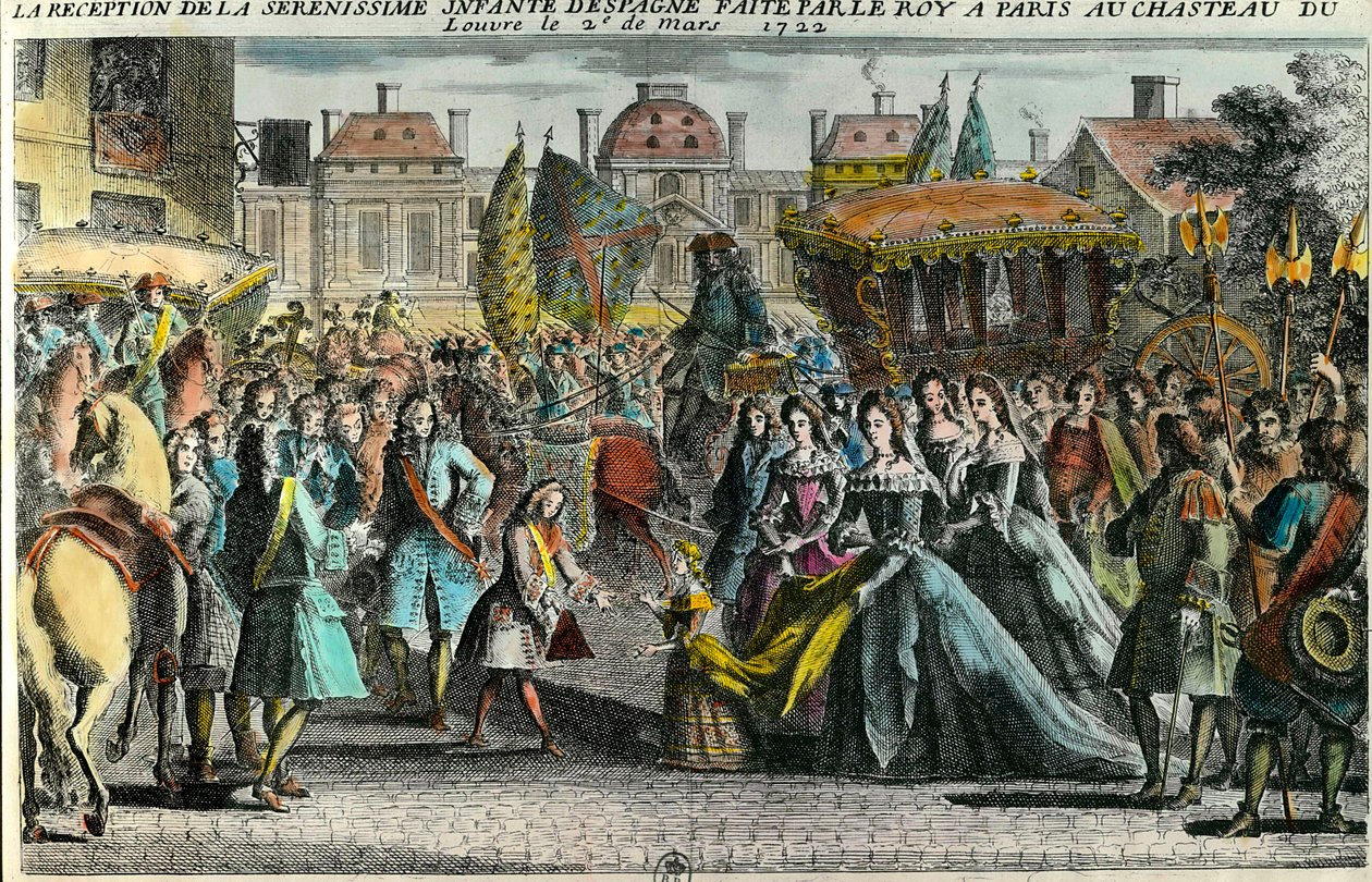 Recepção do infante de Espanha Marie Anne Victoire (1718-1781) pelo Rei Luís XV em Paris, no Louvre, a 2 de Março de 1722. Mariana Victoria de Borbon foi noiva aos 3 anos de idade para Luís XV aos 11 anos de idade. Gravura do século XVIII. Coleção privada de Unknown artist
