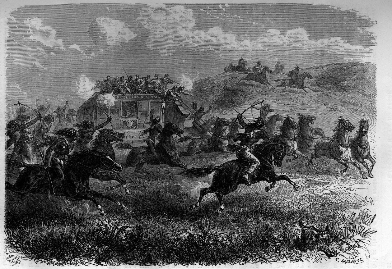 Red Skin Riders a atacar uma diligência na Pradaria. Gravação em "Le journal de la jeunesse". de Unknown artist