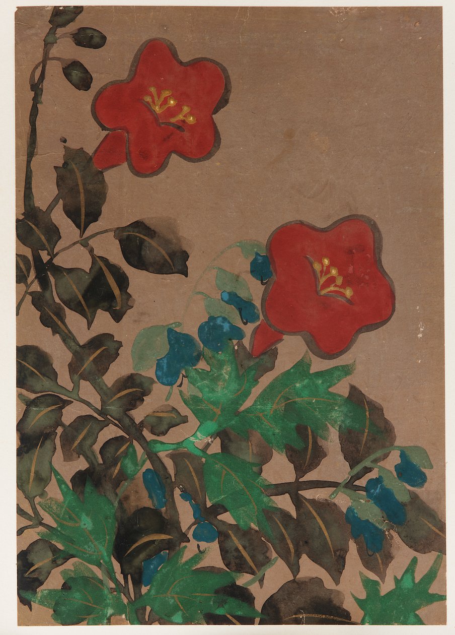 Flores e folhagens vermelhas e azuis de Unknown artist