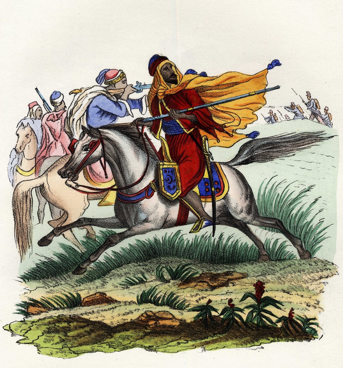 Cavaleiros vermelhos do Emir Abd-el-Kader fugindo em frente aos caçadores do exército francês da África em Oran, em 1841. Em "Storia d