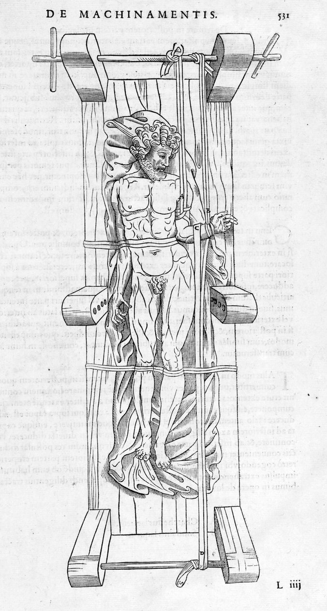 Redução de fraturas: um homem é fixado em uma maca, seu braço quebrado é esticado entre os dois eixos. Placa ilustrada de "De dissectione partium corporis humani lbri tres... "por Carlo Stefano Riverio, Paris 1545. de Unknown artist