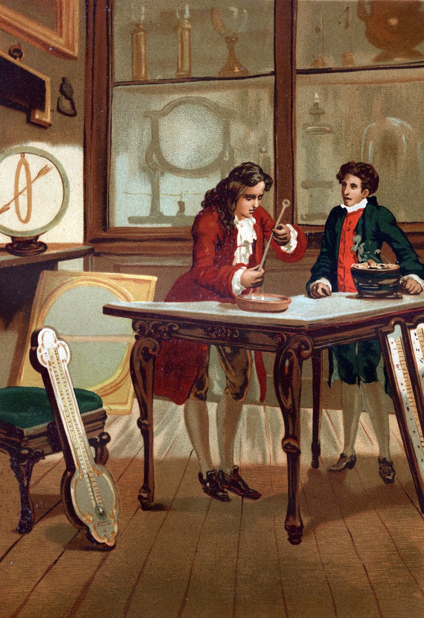 René Antoine Ferchault de Réaumur (1683-1757), químico e físico francês, construindo seu termômetro em 1730. após "La Ciencia y sus Hombres par Louis Figuier" Barcelona 1881 de Unknown artist