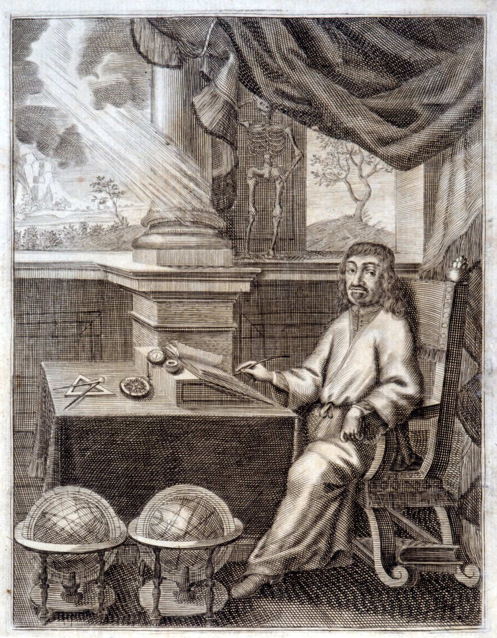 René Descartes (1596 - 1650) no seu escritório com equipamento científico. Gravura do século XVII. de Unknown artist