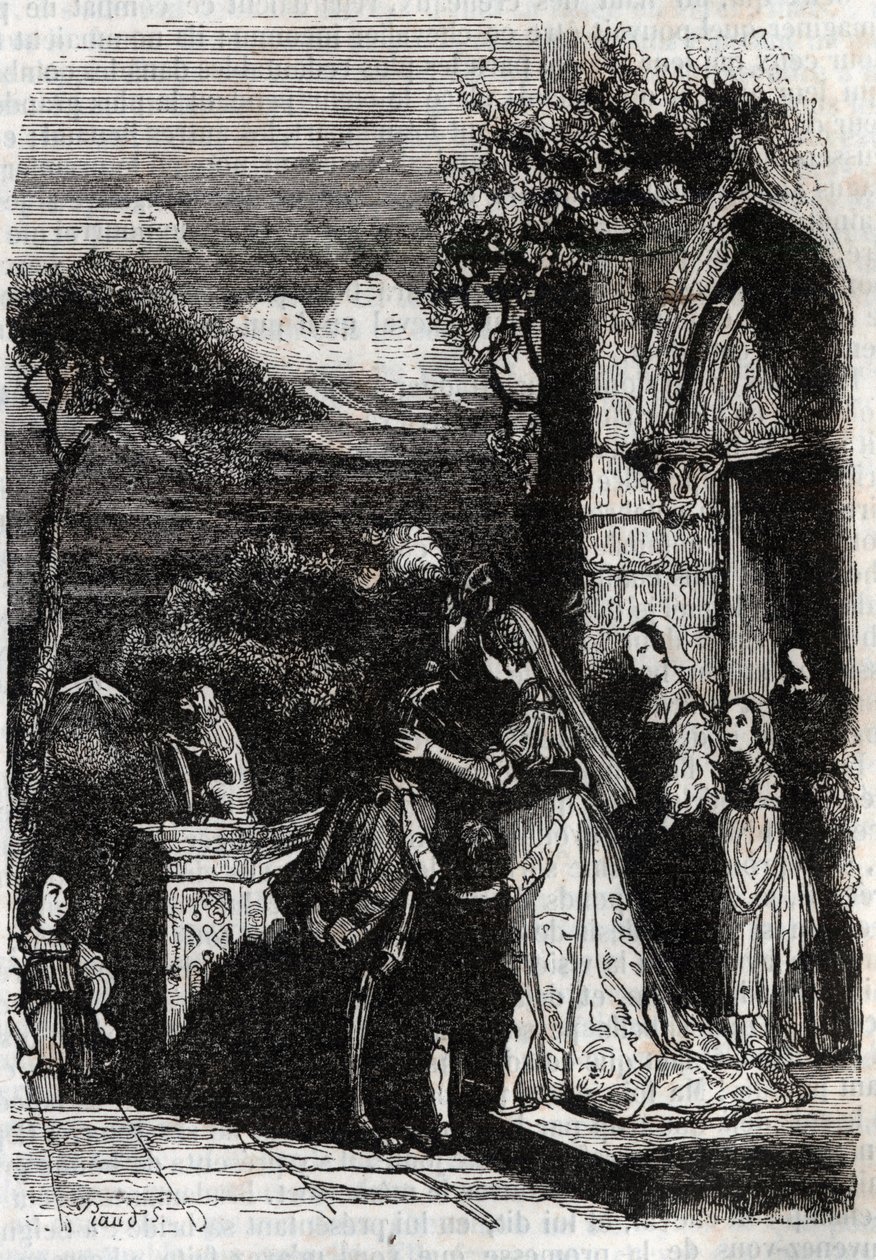 Renaud retornando para sua família - gravura de 1851 de “” Furious Roland ”” de Unknown artist