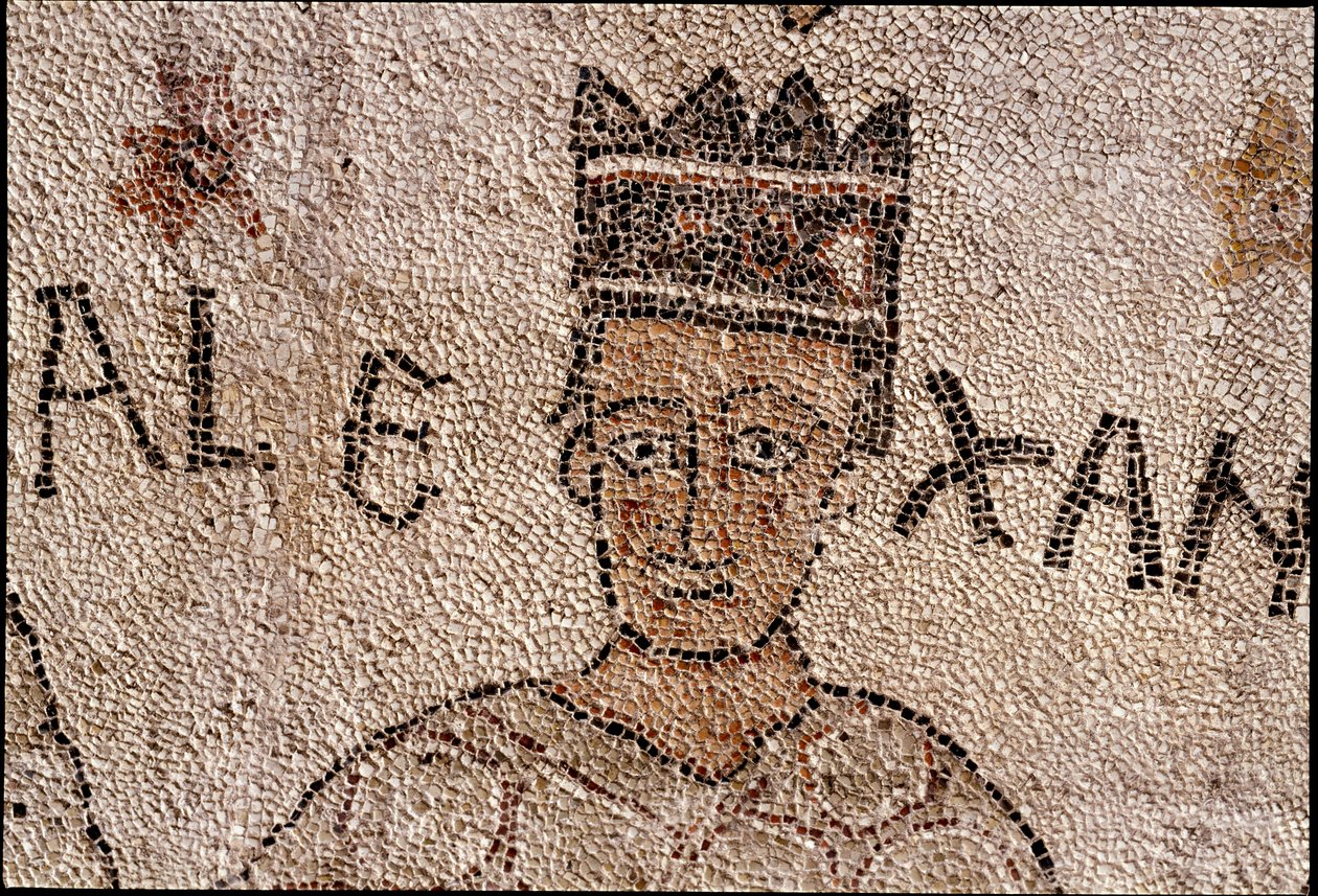 Representação de Alexandre o Grande (356-323 AC), Rei de Macedoine e conquistador da Pérsia, cercou a fauna indiana durante a conquete da Índia. Pavimento de Pantaleone (ou Pantaleão de Unknown artist