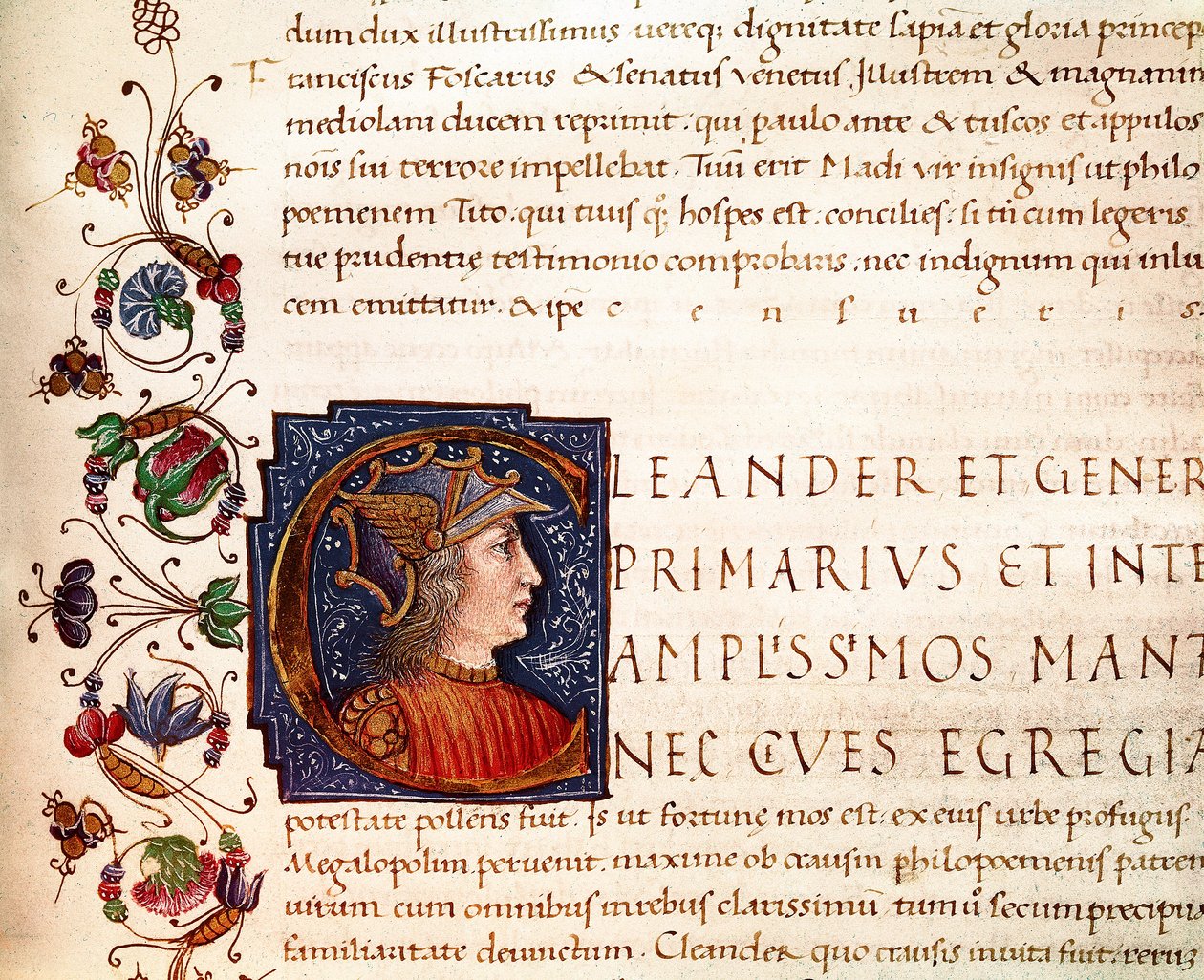 Representação de Alexandre o Grande (356-323 a.C.) rei da Macedoína Miniatura tirada de "Paralelos de homens ilustres" de Plutarco (46-125 d.C.) (MS. XV. 1) século XV. Cesena, Biblioteca Malatestiana de Unknown artist