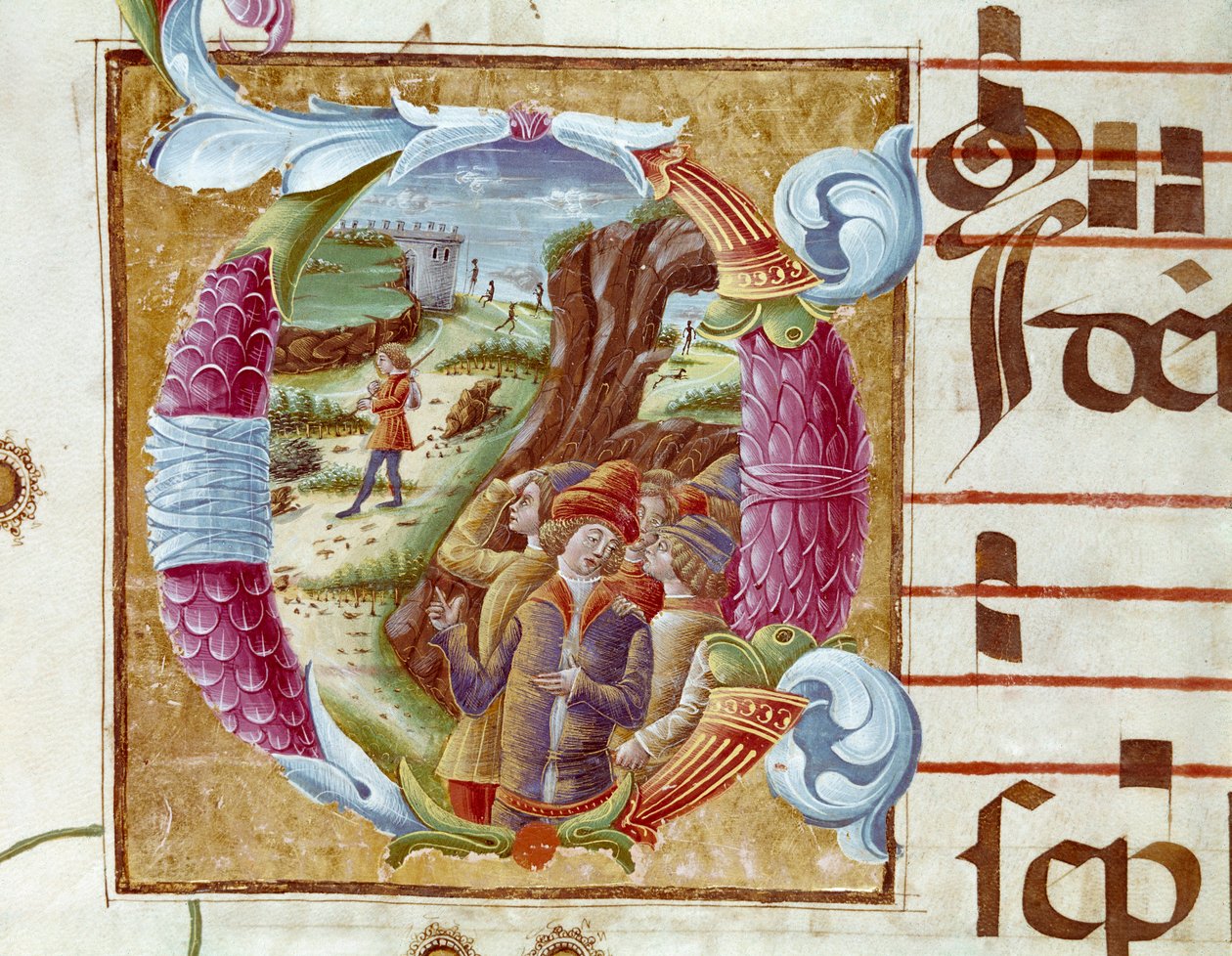 Representação de José e seus irmãos Detalhe de uma lettrina em um anti-fonário (Antiphonarium II) do século XV. Cremone, Biblioteca governnativa Itália de Unknown artist