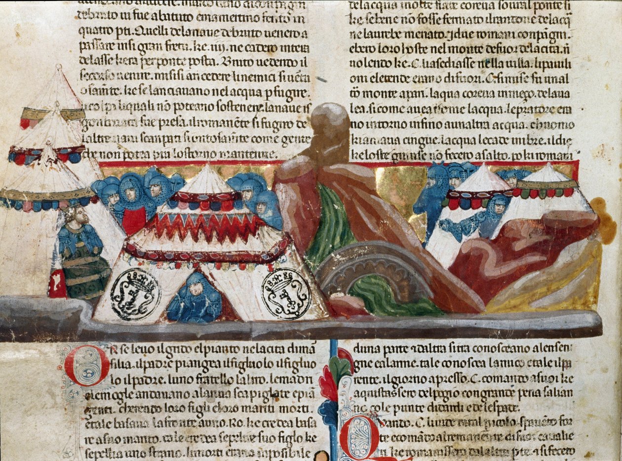 Representação de Jules Cesar (101-44 AC) sentado perto do seu campo militar Detalhe de uma página manuscrita "Facts of the Romans" (Ms 1538, fol. 24v) por volta de 1340 Florence, Biblioteca Riccardiana de Unknown artist
