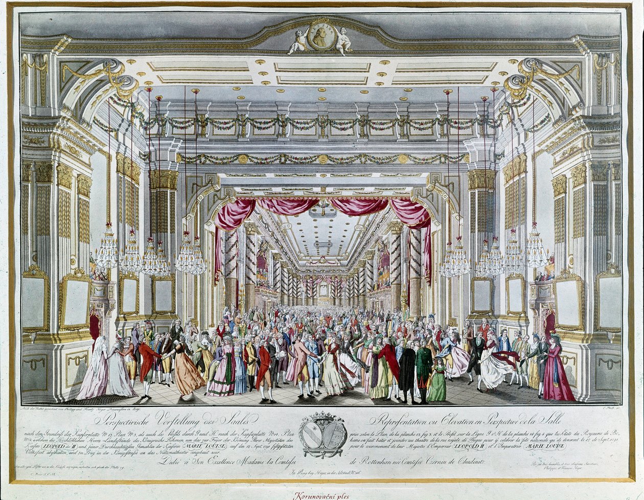 Representação de "La Clemenza di Tito" (La Clemence de Titus) de Wolfgang Amadeus Mozart (1756-1791) na festa da coroação do Imperador Leopoldo II da Áustria (1747-1792) como rei de Boheme em 1791 no teatro da Rua Real de Praga. Museu de Praga de Unknown artist