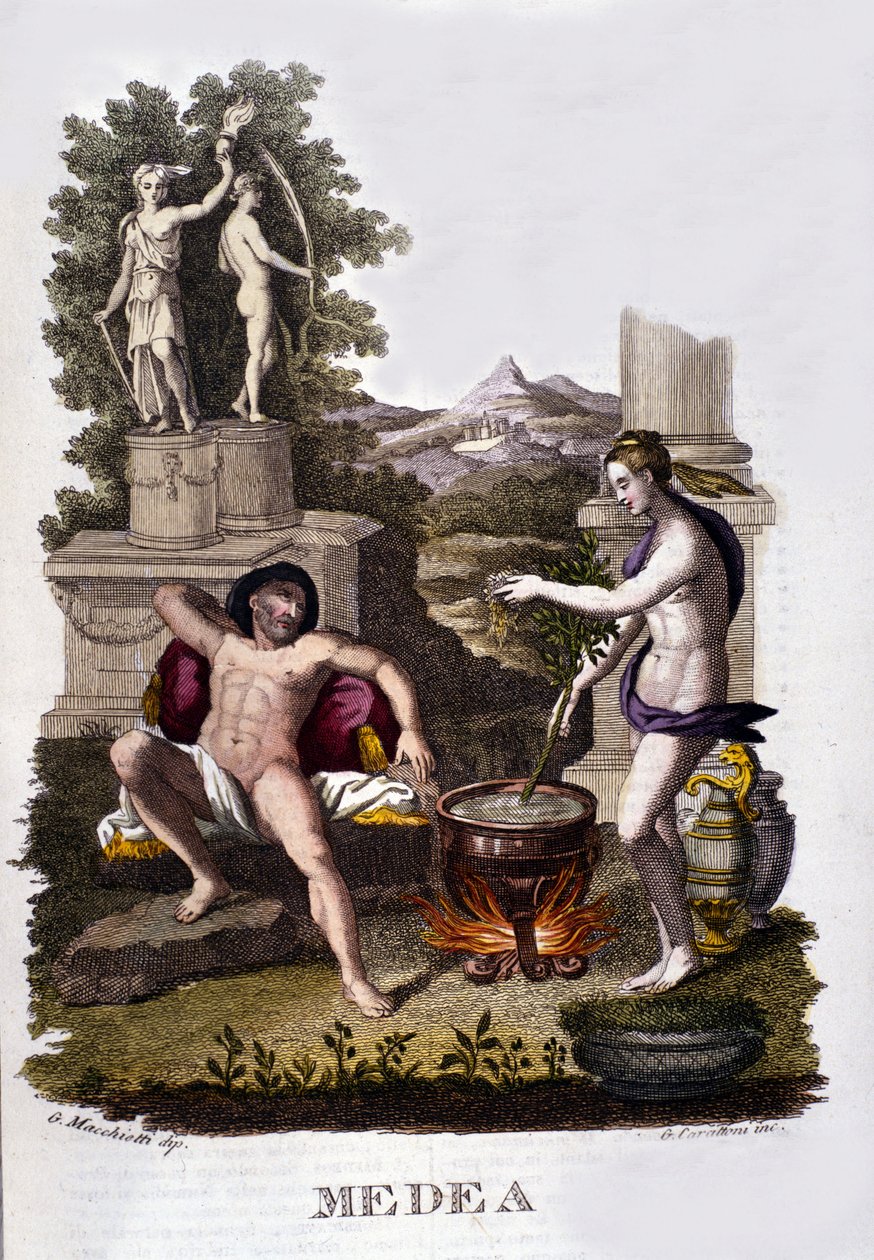 Representação da Medeia preparando suas maldições após o ciclo de Argonautas. Gravura do século XIX. de Unknown artist
