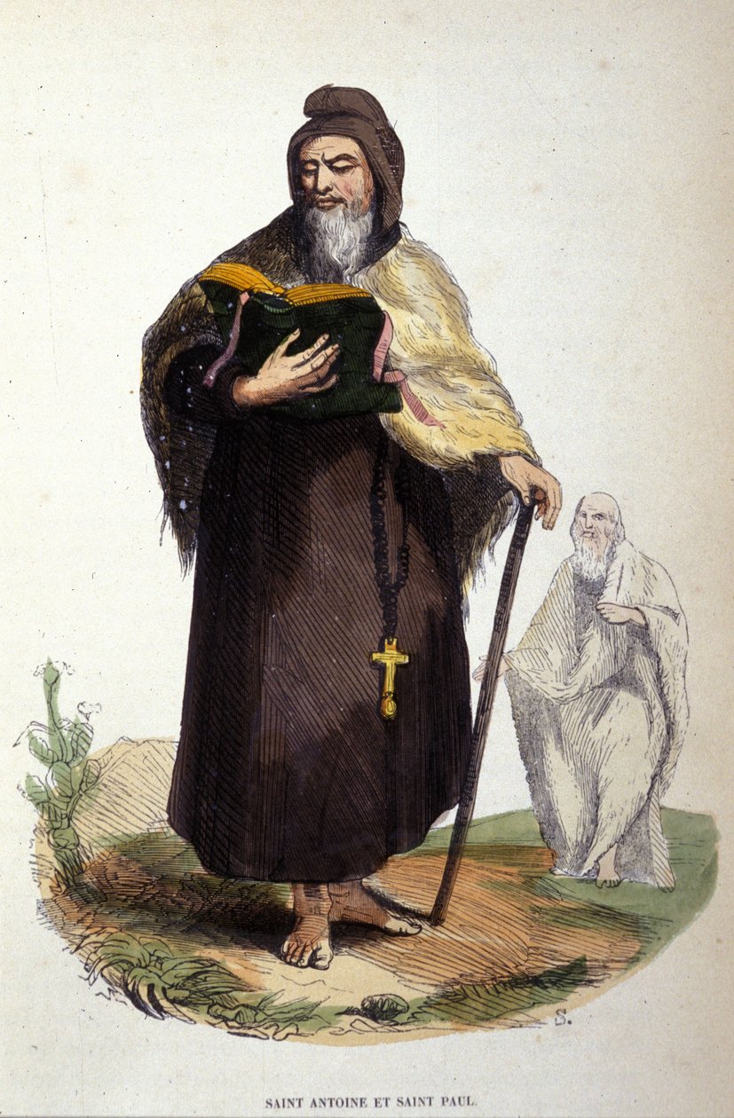 Representação de Santo Antônio o Grande, anáforo egípcio (251 - 356), fundador do eremitismo cristão e São Paulo de Tebas (ele teria precedido Santo Antônio em Thebaide). Gravura do século XIX. de Unknown artist
