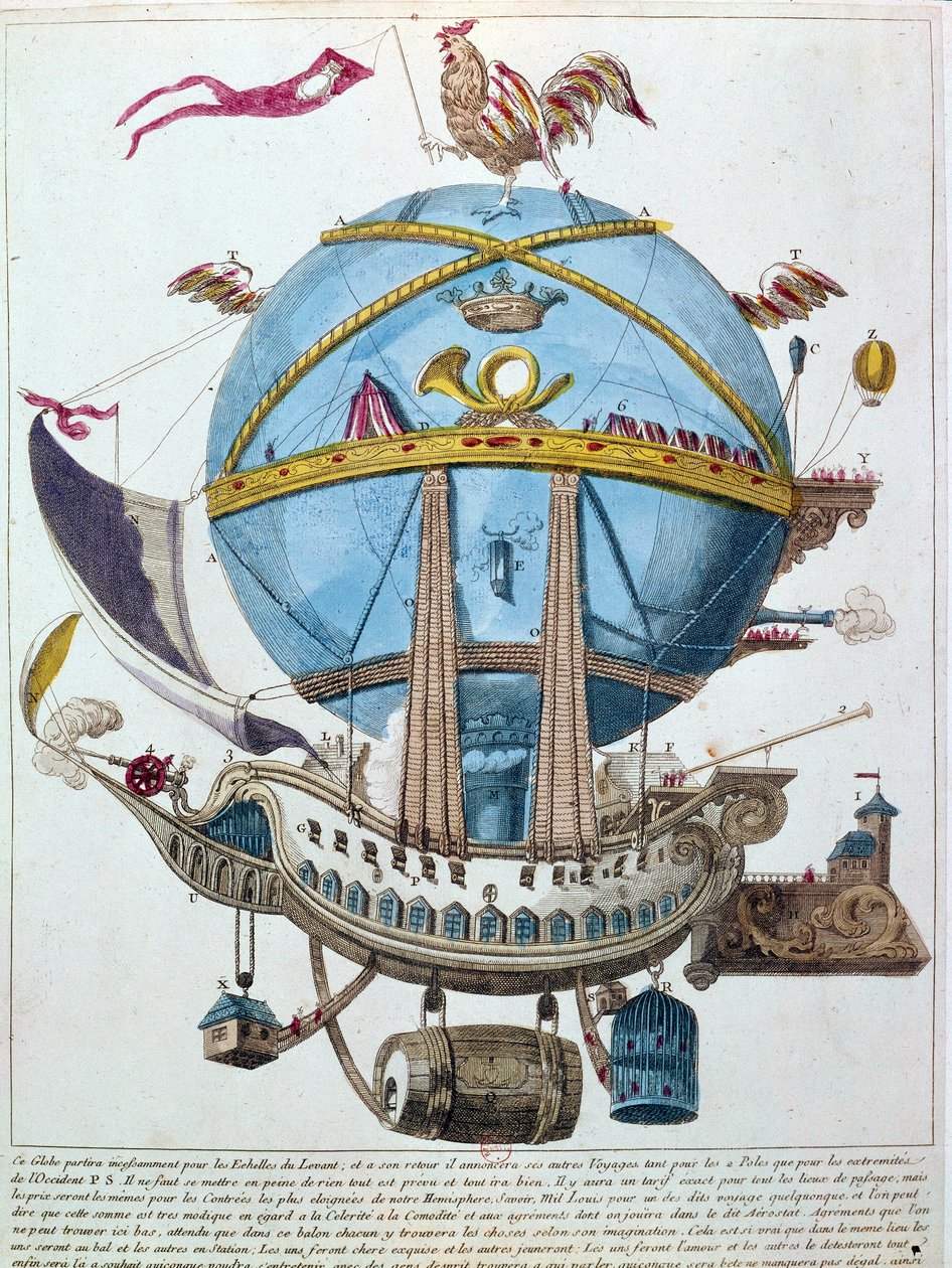 Representação de uma viagem em balão, gravura satírica do século XVIII. de Unknown artist