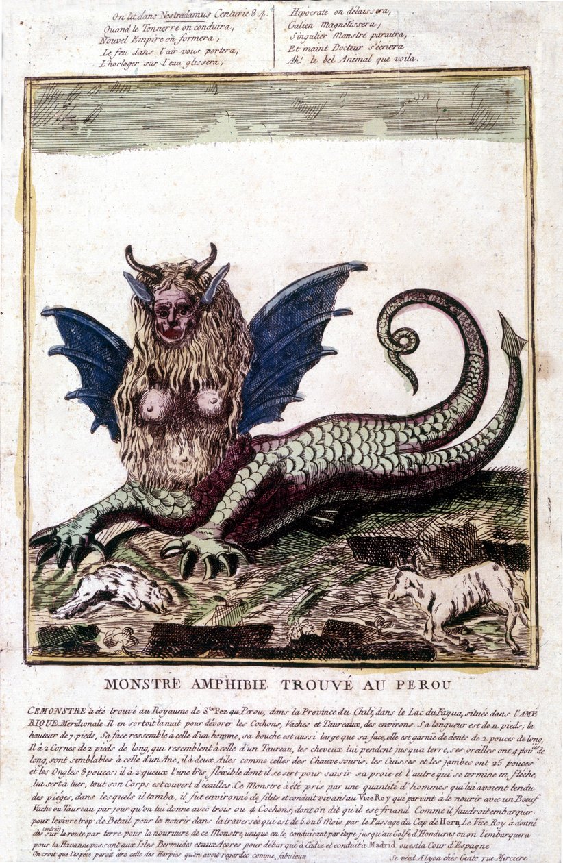 Representação de um monstro encontrado num lago de Perou: tem rosto humano, chifres, asas de dragão, juba de leão, corpo de réptil, peito de mulher. Impressão popular do século XVIII. de Unknown artist