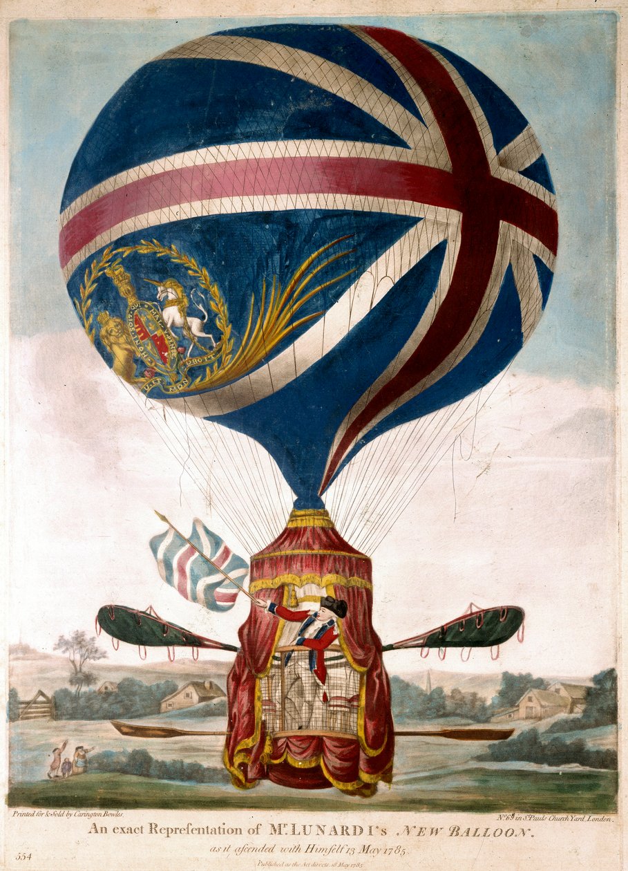 Representação de um novo balão por Vincenzo Lunardi em 13/05/1785, ele foi o primeiro a sobrevoar a Inglaterra em 1783. A tela do aerostato é decorada pelo Union Jack. Gravado por volta de 1785. Coleção Privada de Unknown artist