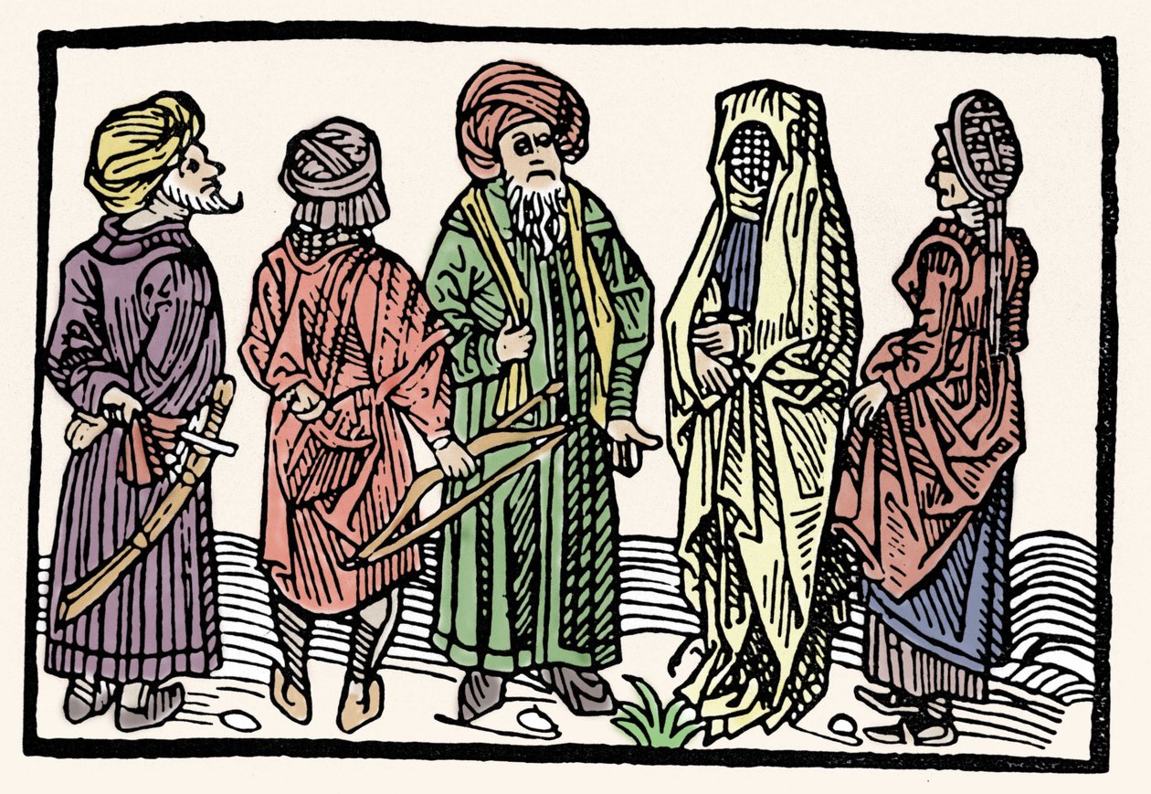 Representação do trigo sarraceno. Homens de braços com cabeças entrelaçadas e mulheres veladas. Xilogravura do século XV. de Unknown artist