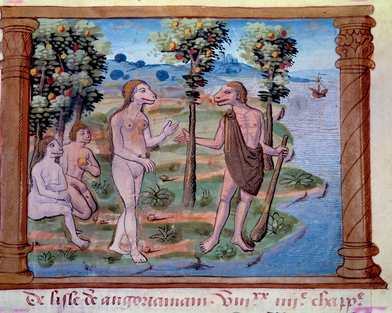 Representação de criaturas monstruosas com um corpo humano e cabeça de cão. Miniatura retirada de "História dos Mongóis chamados por nós Tártaros, descrição dos costumes, geografia, história e figuras proeminentes do povo mongol", história de viagem do fra de Unknown artist