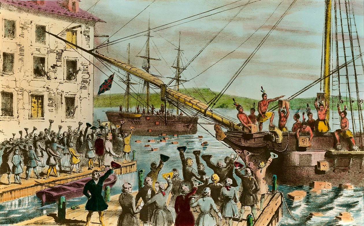 Representação do Boston Tea Party: durante a Guerra da Independência dos Estados Unidos: revolta dos colonos americanos (de origem britânica) contra os impostos impostos impostos impostos pelo Parlamento inglês sobre o chá e outros alimentos. Eles se enoja de Unknown artist