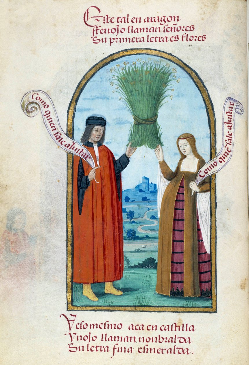 Representação dos reis católicos Fernando II (1452-1516) e Isabel 1ª de Castela (1451-1504) segurando uma bota de funcho selvagem. Página manuscrita retirada da "Coleção de devoção da rainha Joana o Folle (1479-1555) da Espanha" por Pedro Marcuello de Unknown artist