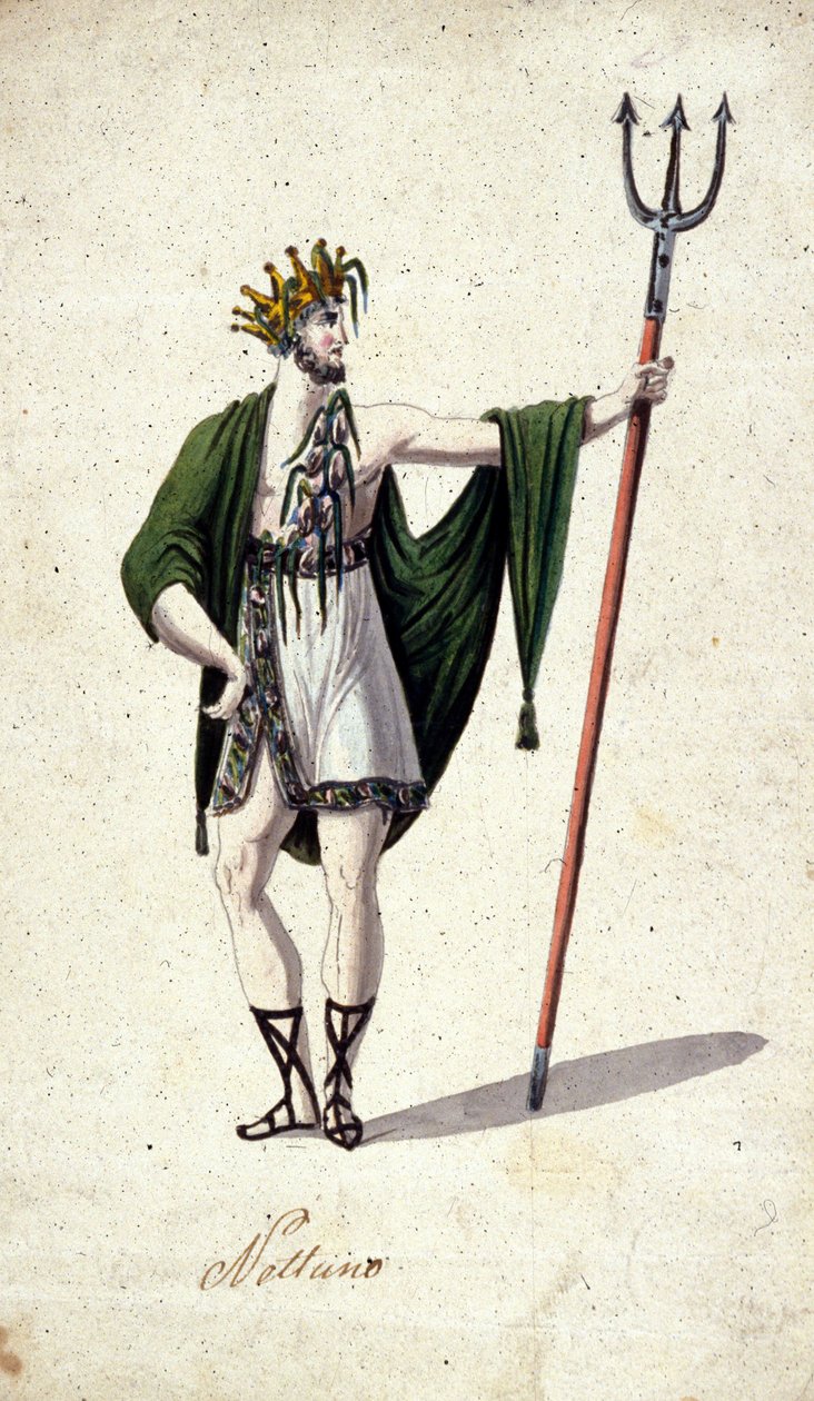 Representação do deus romano Netuno segurando um tridente (identifica o grego Poseidon). Aquarela do século XVIII. de Unknown artist