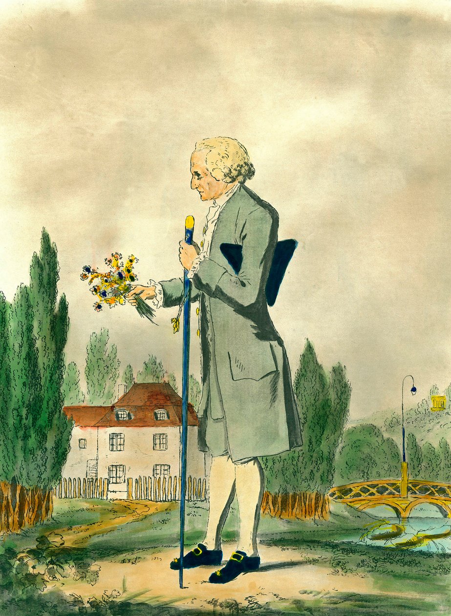 Representação do filósofo suíço Jean Jacques Rousseau (1712-1778) colhendo flores em Ermenonville. Gravura do século XVIII. Coleção particular. de Unknown artist
