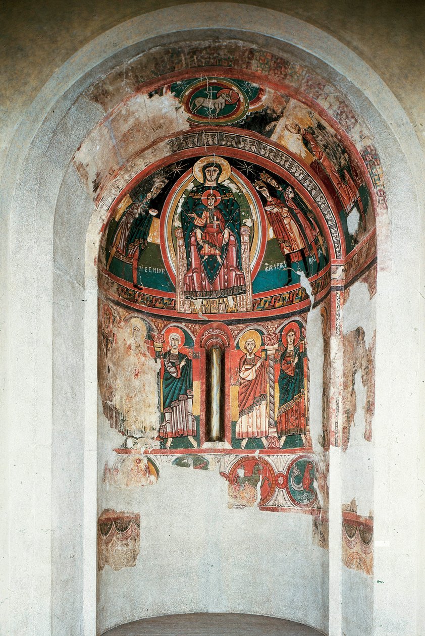 Representação da Virgem e do Menino rodeados pelos Reis Magos. Fresco da abside central da igreja de Santa Maria em taull. Por volta de 1123. Barcelona. Museu Nacional de Arte da Catalunha. de Unknown artist