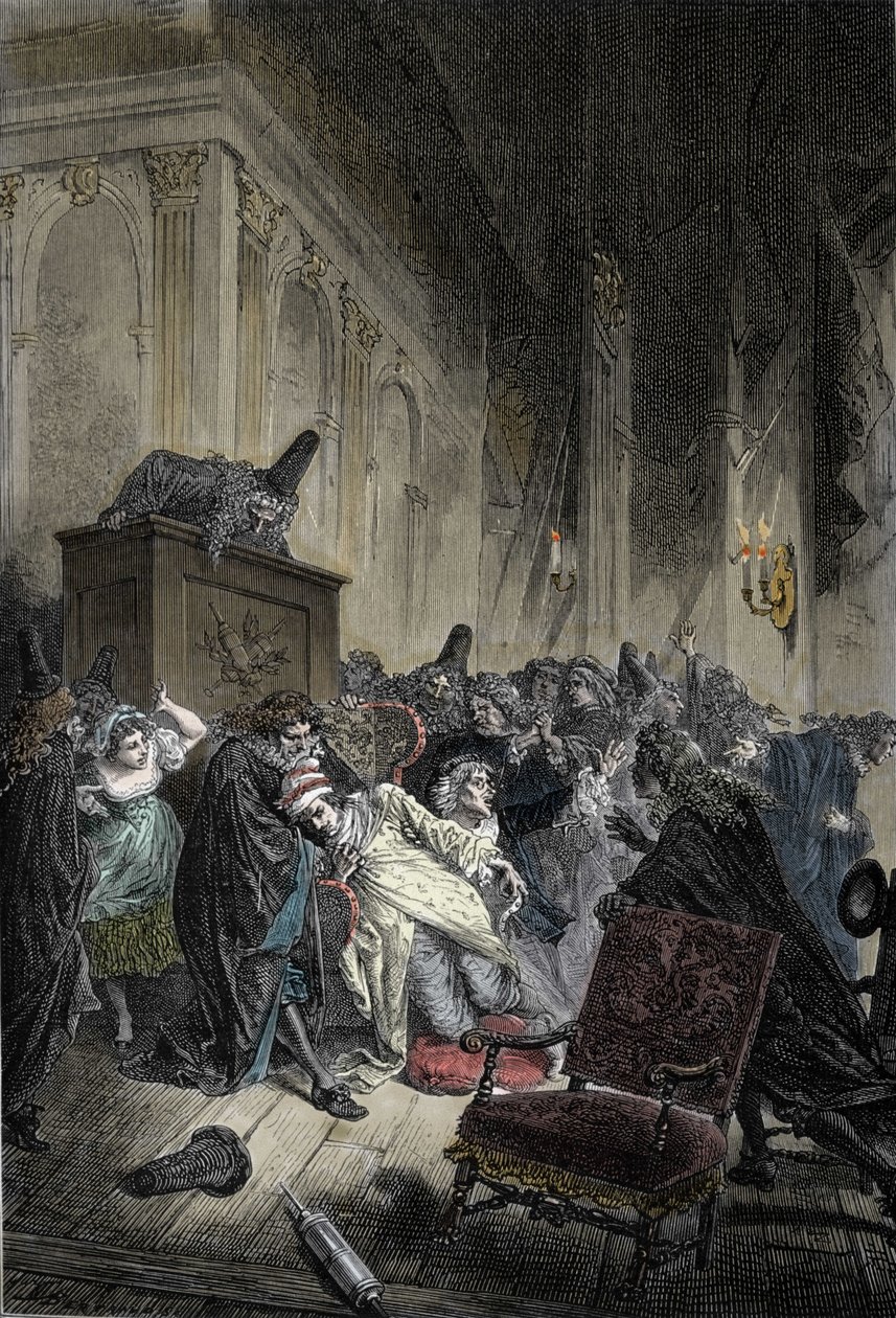 Representação da morte de Jean-Baptiste Poquelin, dit Moliere (1622-1673), morte de congestão pulmonar durante uma representação dos "doentes imaginários" em 17/02/1673 de Unknown artist