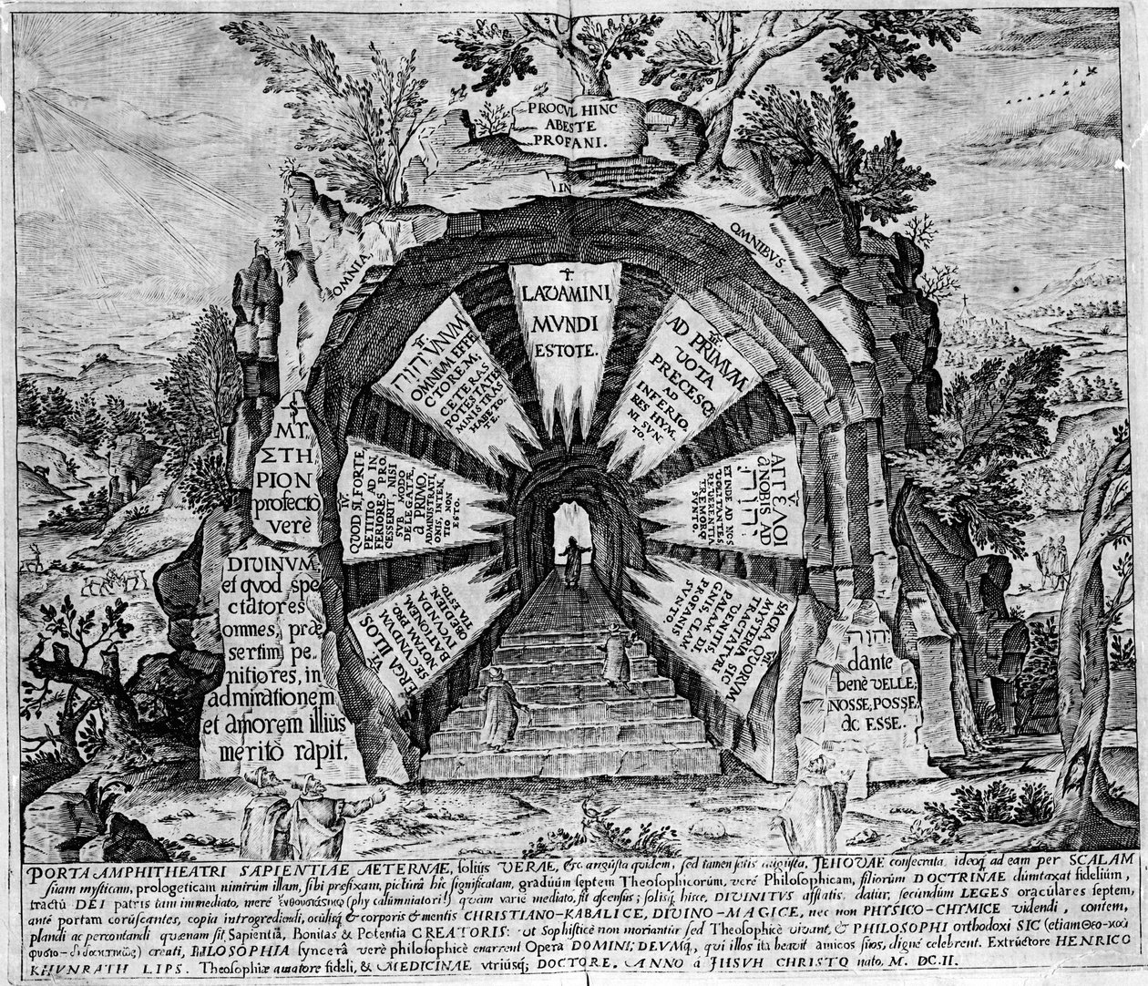 Representação da entrada da Casa dos Misteres, simbólica da vida eterna. Gravação do "Amphitheatrum sapientiae aeternae". (Anfiteatro da sabedoria eterna) [Hamburgo: s.n. de Unknown artist