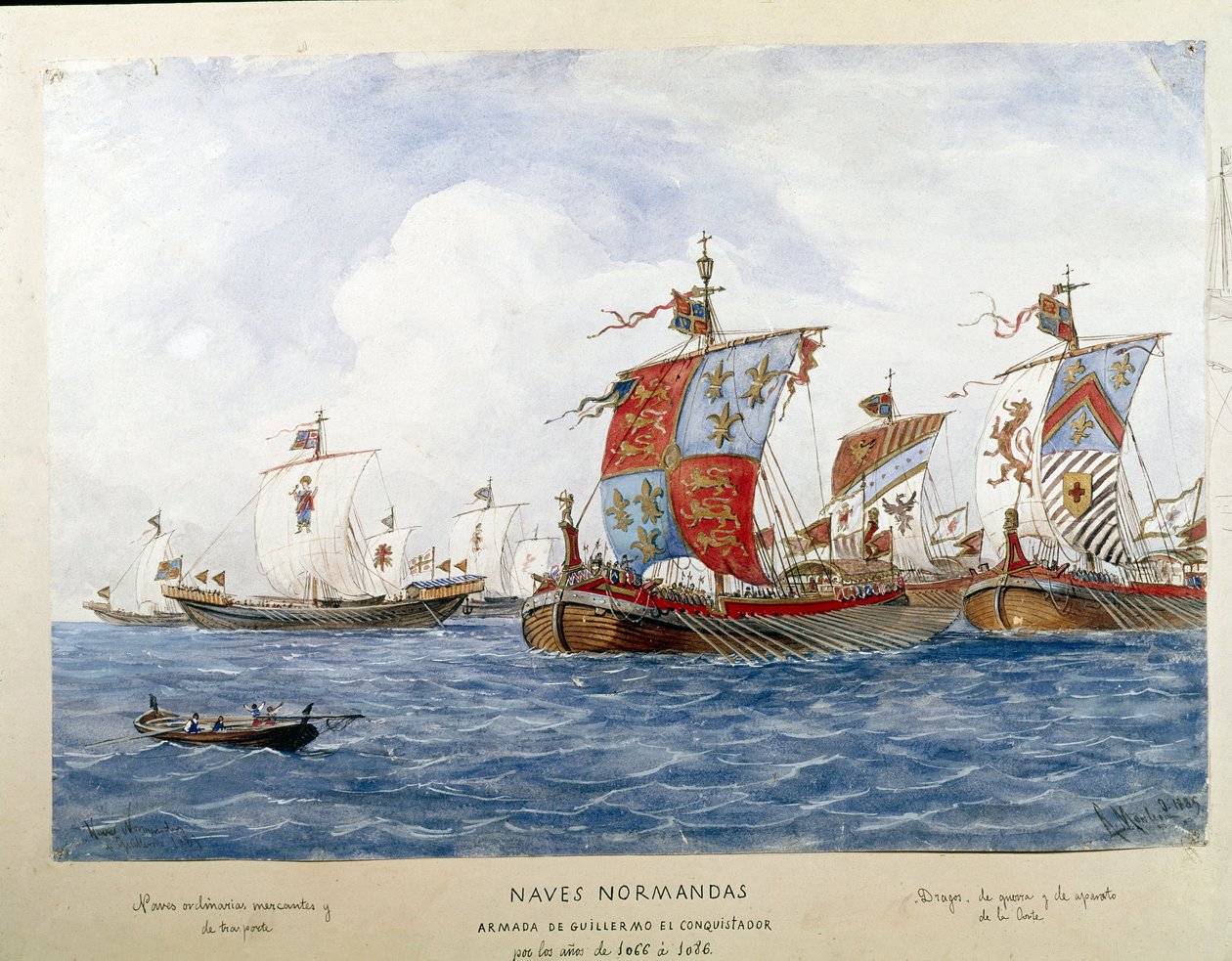 Representação da frota de Guilherme o Conquistador no século XI, navios de guerra, comércio, transporte de passageiros (Watercolour de Unknown artist