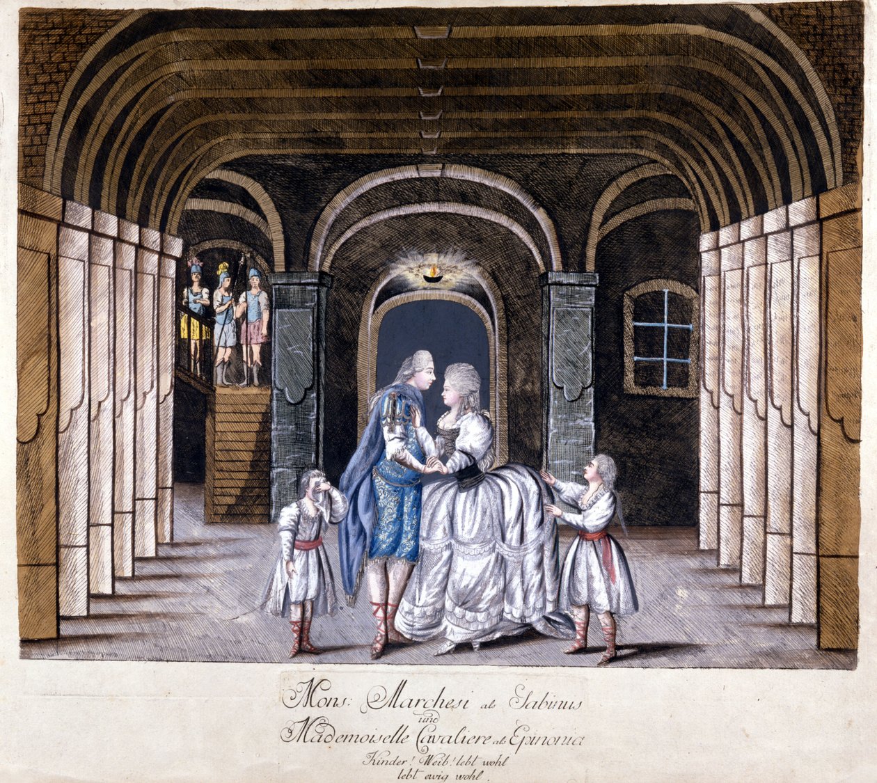 Representação da ópera "Giulio Sabino" de Giuseppe Sarti (1729-1802), em Viena, em 1785. No palco Caterina (Katharina) Cavalieri e o castrato Luigi Marchesi. Milão de Unknown artist