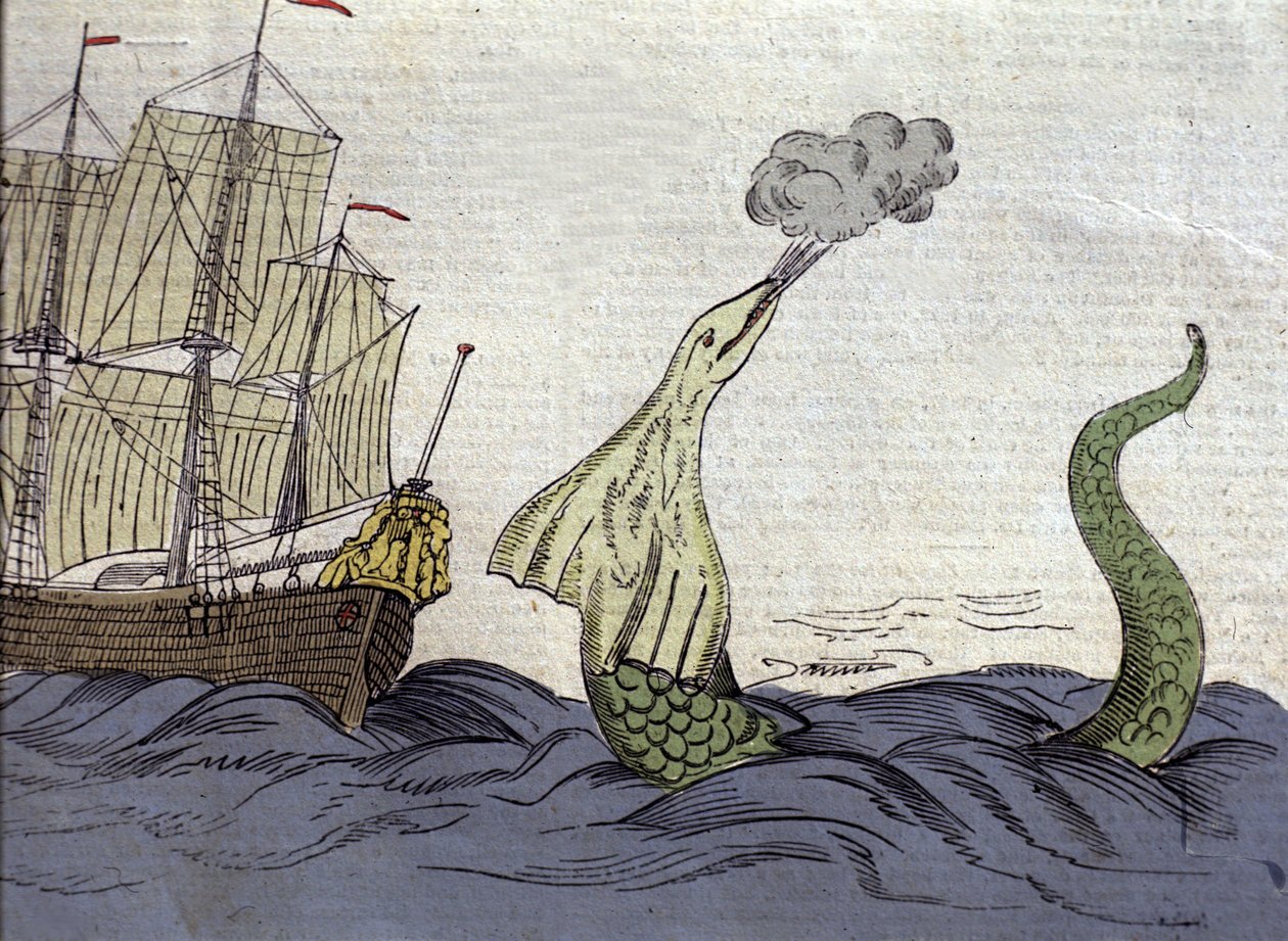 Representação da serpente marinha vista pelo missionário norueguês Hans Egede (1686-1758) durante sua viagem à Groenlândia. Gravura do século XVIII de Unknown artist