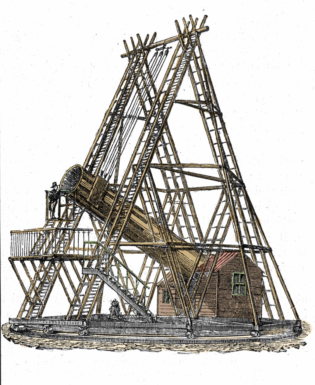 Representação do telescópio do astrônomo inglês William Herschel (1738-1822). Gravura do século XIX de Unknown artist