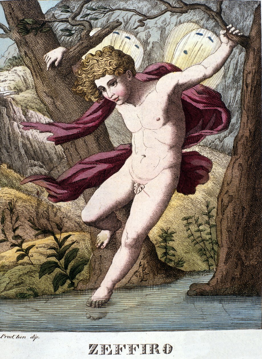 Representação do deus do vento Zephir (zephyr). Placa retirada do "Dicionário da Mitologia" 1888 de Unknown artist