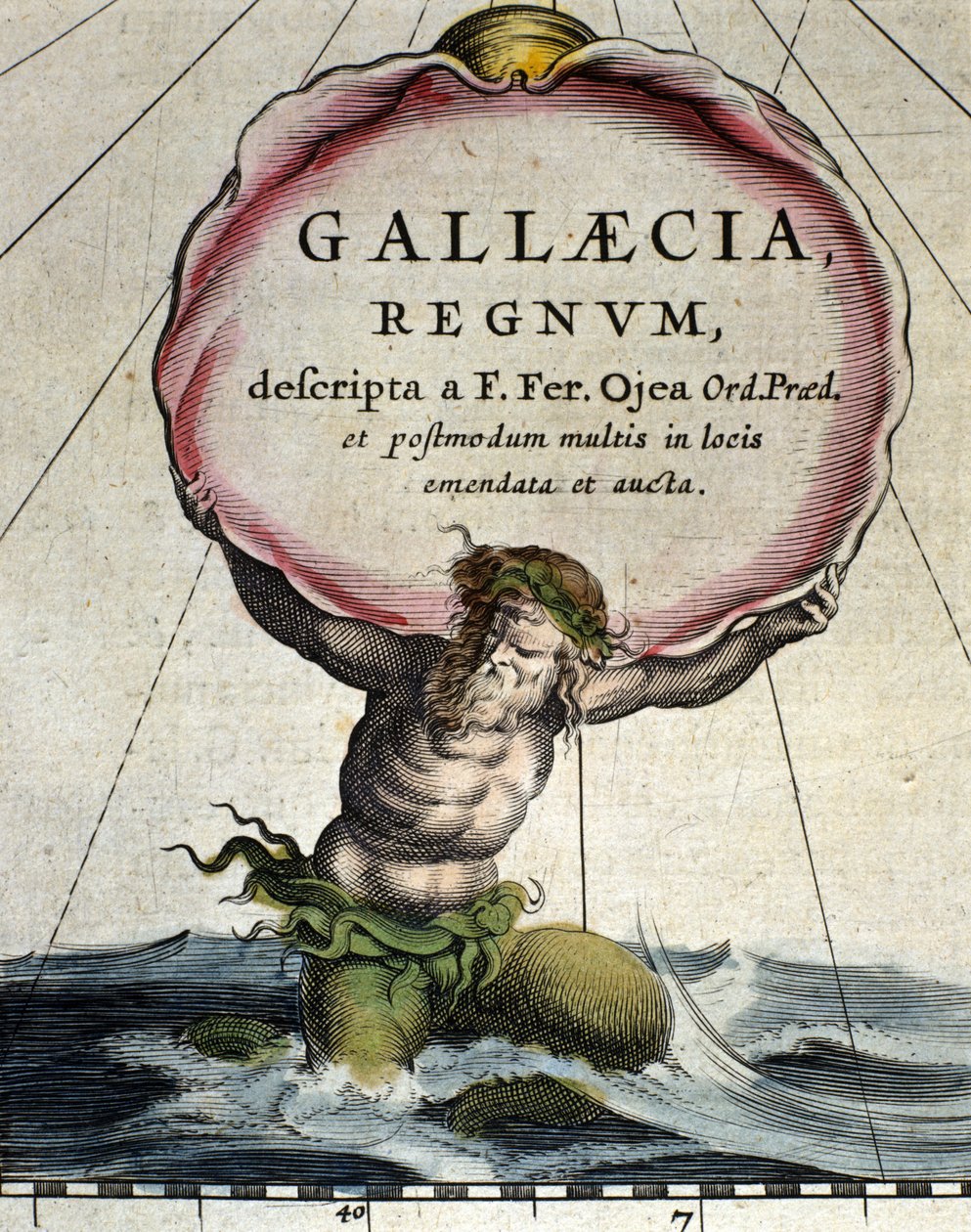 Representação de triton, criatura lendária meio homem mi peixe. Detalhe do "Atlas novus" 1642 de Unknown artist