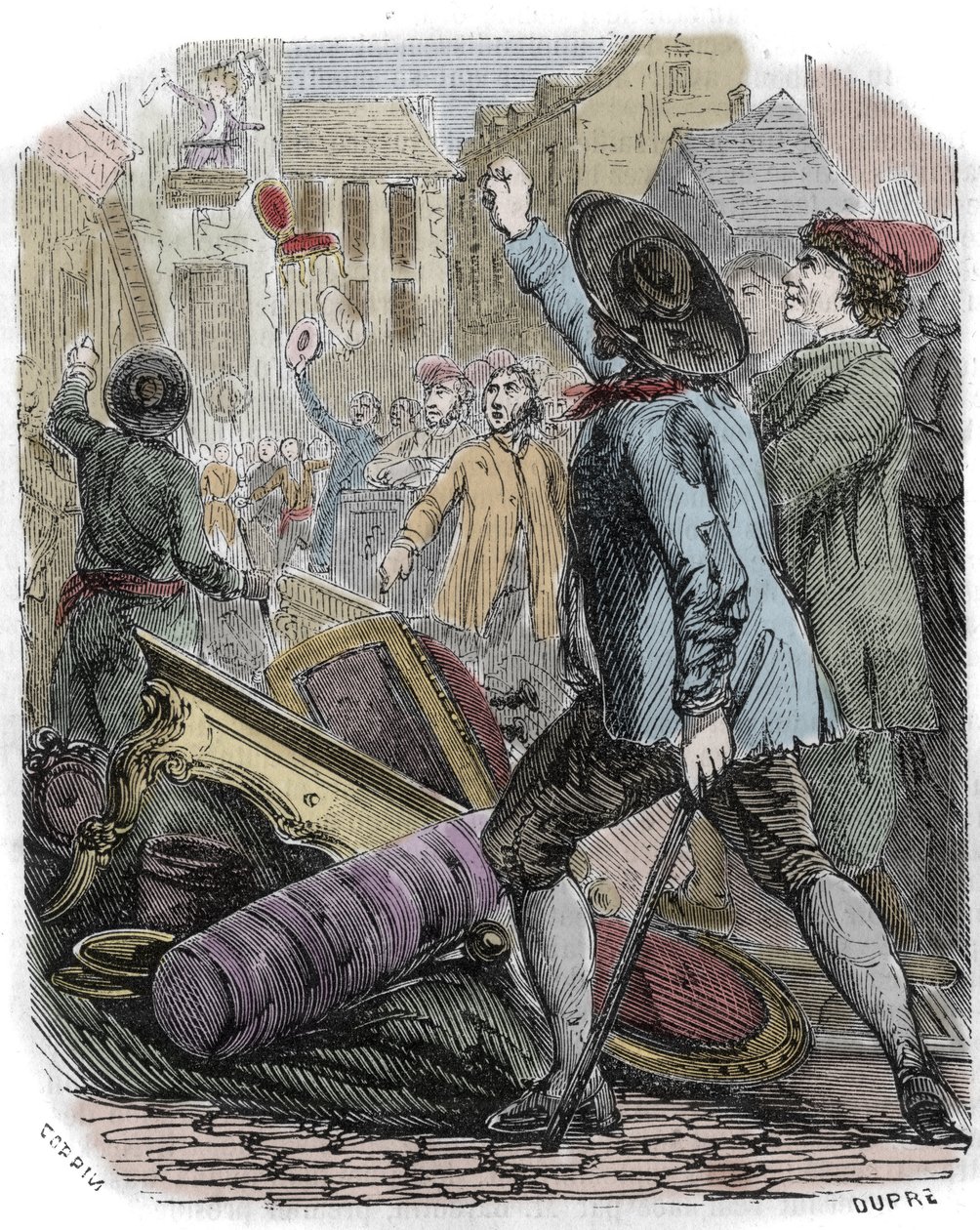 Os tumultos de Reveillon ocorreram entre 26 e 29 de Abril de 1789 - Revolução Francesa: Caso Reveillon - "Pillage de la fabrication de papints Jean Baptiste de Reveillon le 28 avril 1789" Um emeute parisiense saqueou a fábrica situada na rue du Faubourg sa de Unknown artist