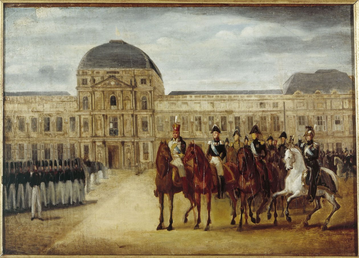 Revista em frente ao Château des Tuileries, cerca de 1820. Atual 1º arrondissement, entre 1815 e 1825 (óleo sobre tela) de Unknown artist