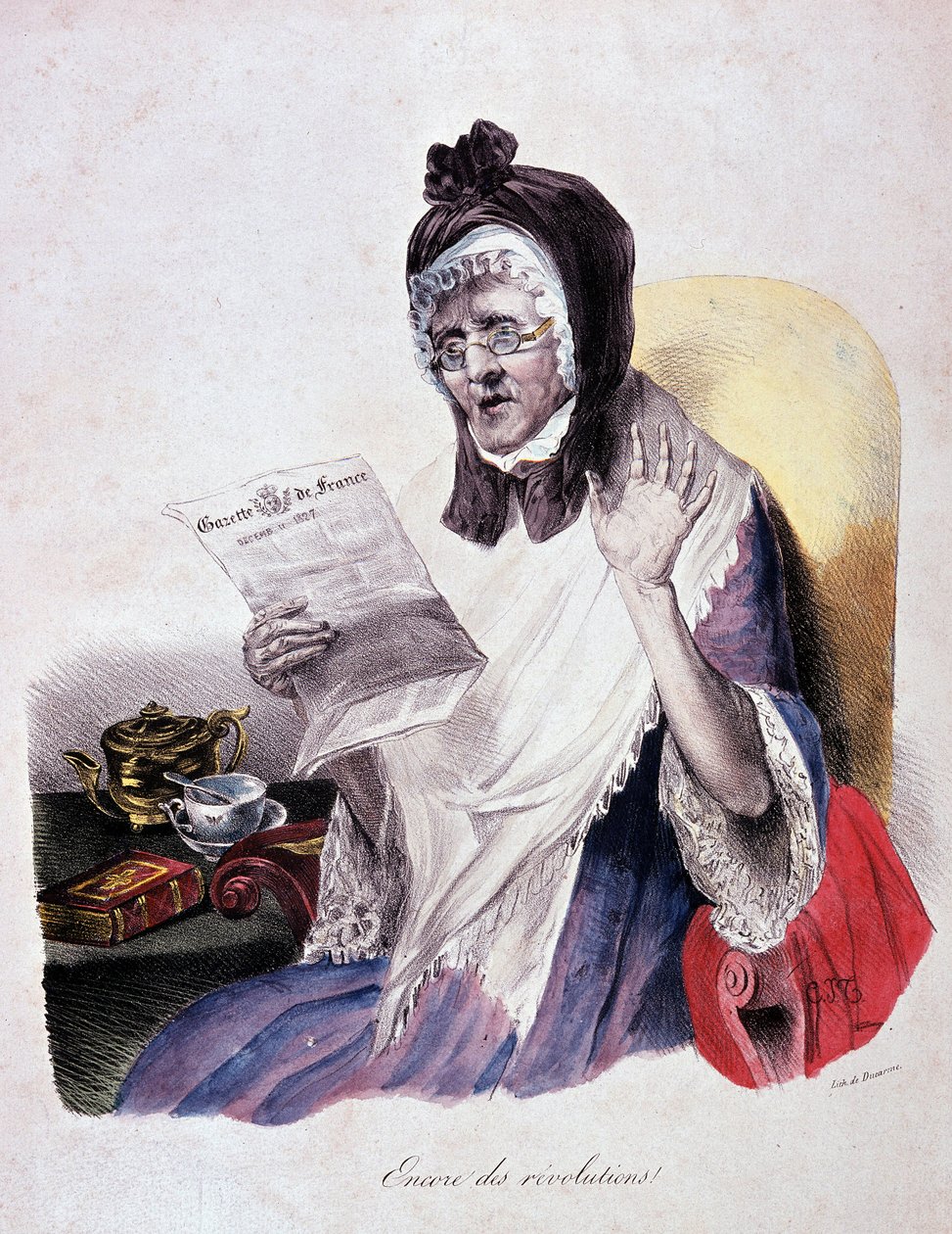 Revolução de 1830: "Encore des revolutions" chora uma velha mulher lendo a Gazette de France - gravura de Unknown artist