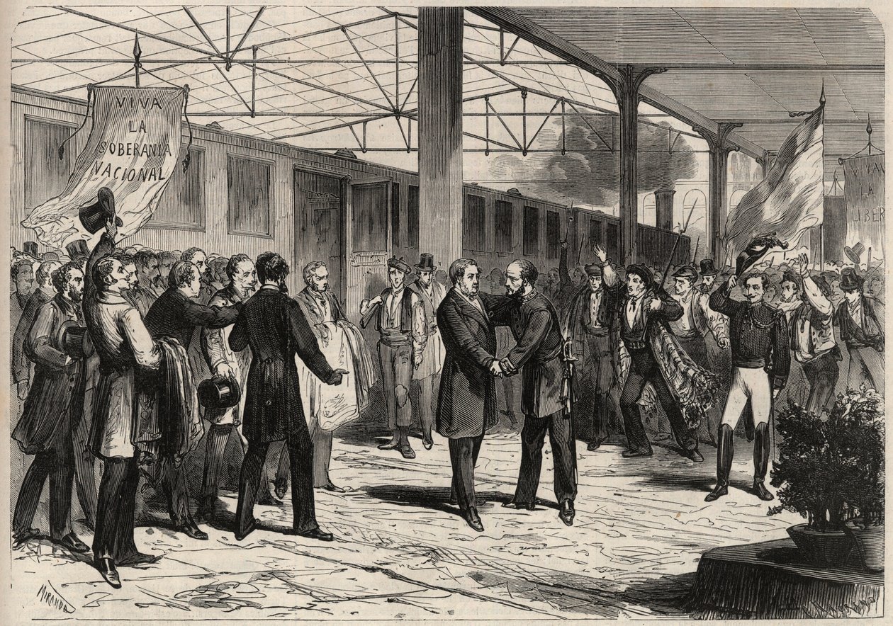 Revolução de Setembro de 1868 em Espanha (Gloriosa): chega de Salustiano Olozaga (1805-1873) em Madrid. Gravura em "L