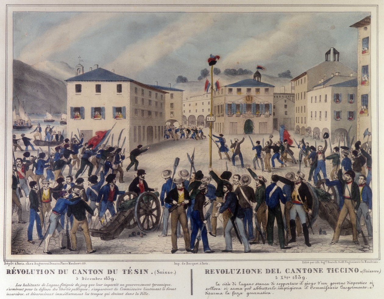 Revolução do Cantão do Ticino na Suíça em 5 de Dezembro de 1859. Gravura do século XIX. de Unknown artist