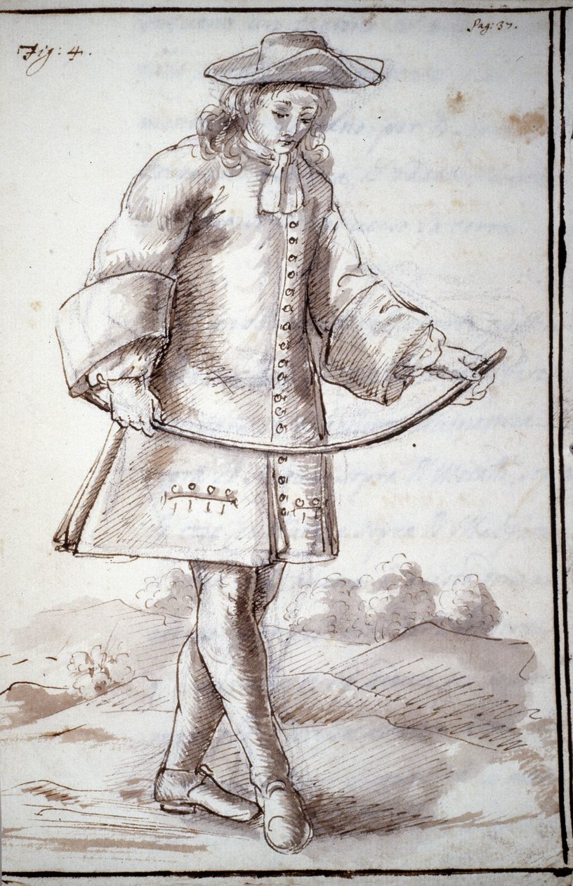 Rhabdomancia: tratado intitulado "a física oculta ou tratado da varinha divina e seus usos para a descoberta de fontes de água, minas..." pelo Abade de Vallemont: diferentes maneiras de usar a varinha do buscador. Manuscrito do século XVIII. Bi de Unknown artist