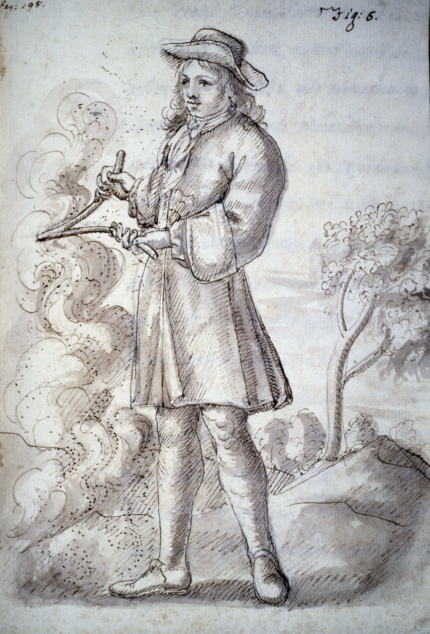 Rhabdomancia: tratado intitulado "a física oculta ou tratado da varinha divina e seus usos para a descoberta de fontes de água, minas..." pelo Abade de Vallemont: diferentes maneiras de usar a varinha do buscador. Manuscrito do século XVIII. Bi de Unknown artist