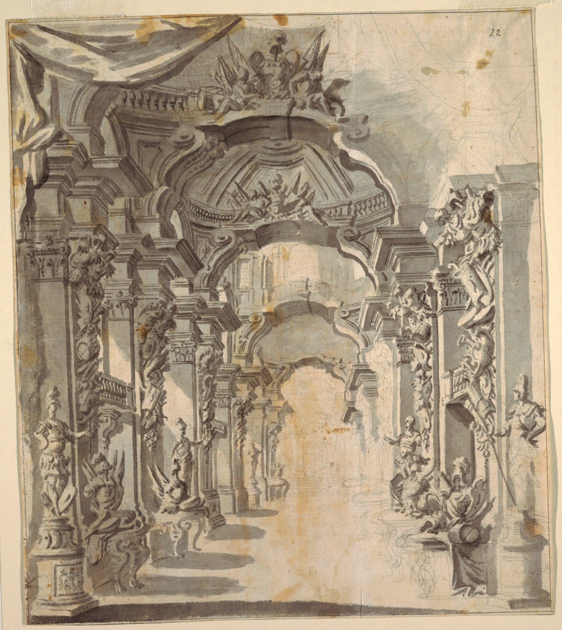 Galeria ricamente decorada (com troféus em pedestais) de Unknown artist