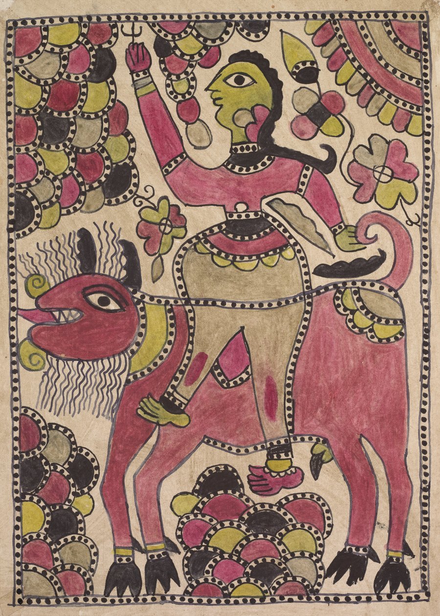 Cavaleiro e criatura bovina de quatro patas na paleta malva, chartreuse e preta de Unknown artist