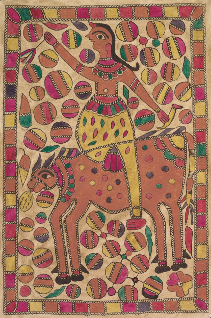 Cavaleiro e criatura bovina de quatro patas com borda de quadrados coloridos de Unknown artist