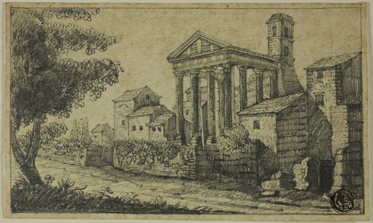 Paisagem do rio com templo romano de Unknown artist