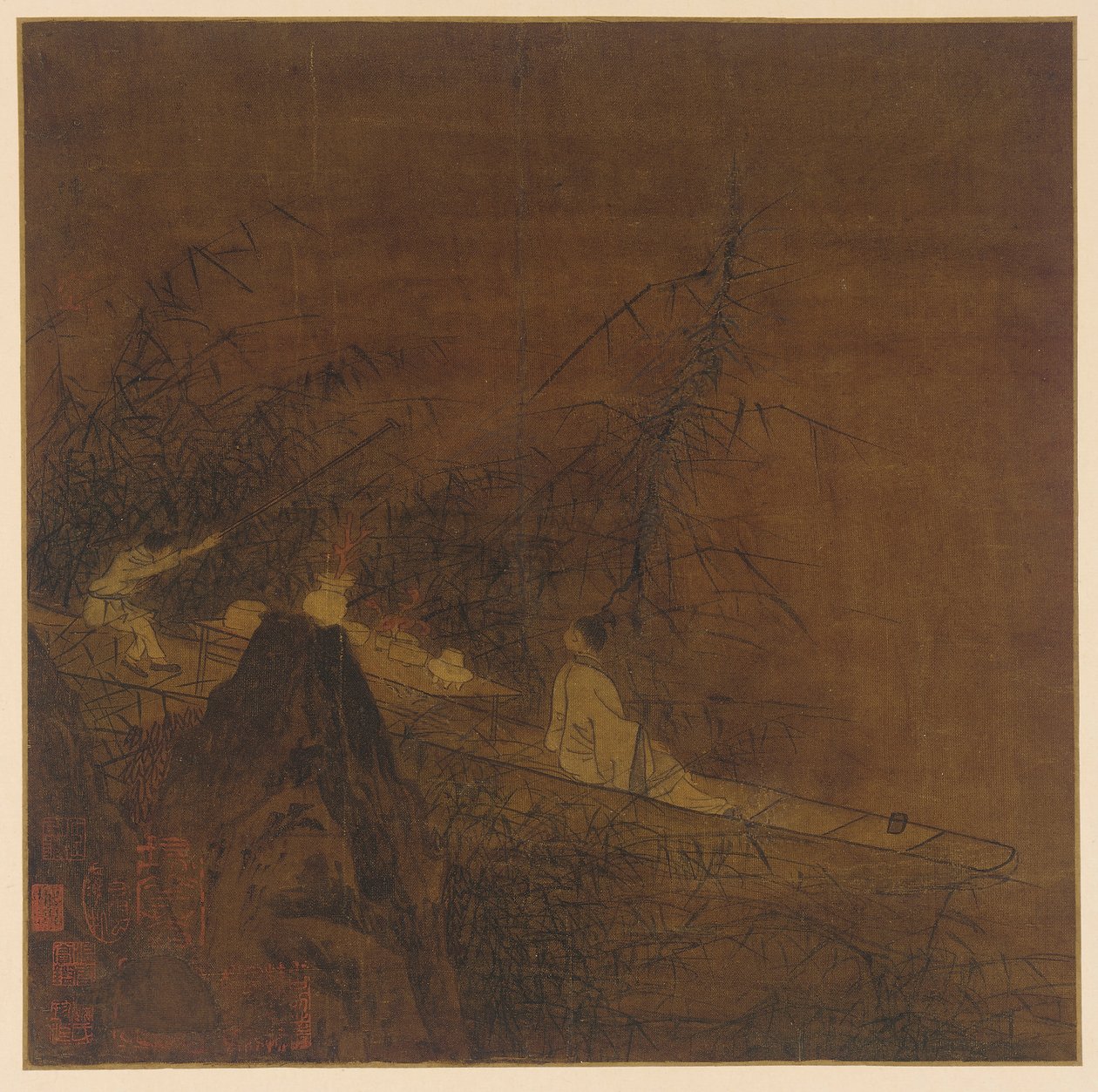 Cena do rio: um barco entre bambu selvagem de Unknown artist