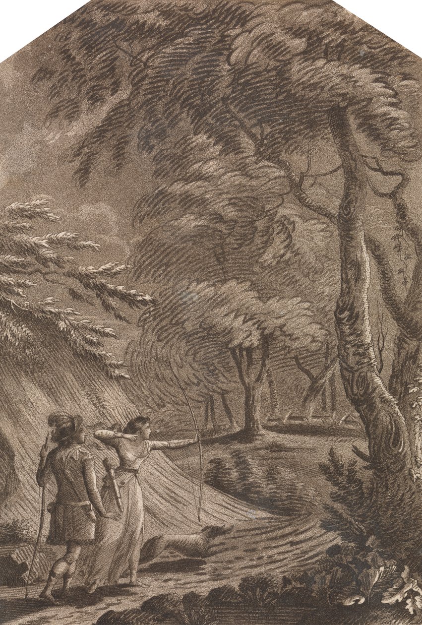 Robin Hood e Clarinda a caçar veados numa paisagem arborizada de Unknown artist
